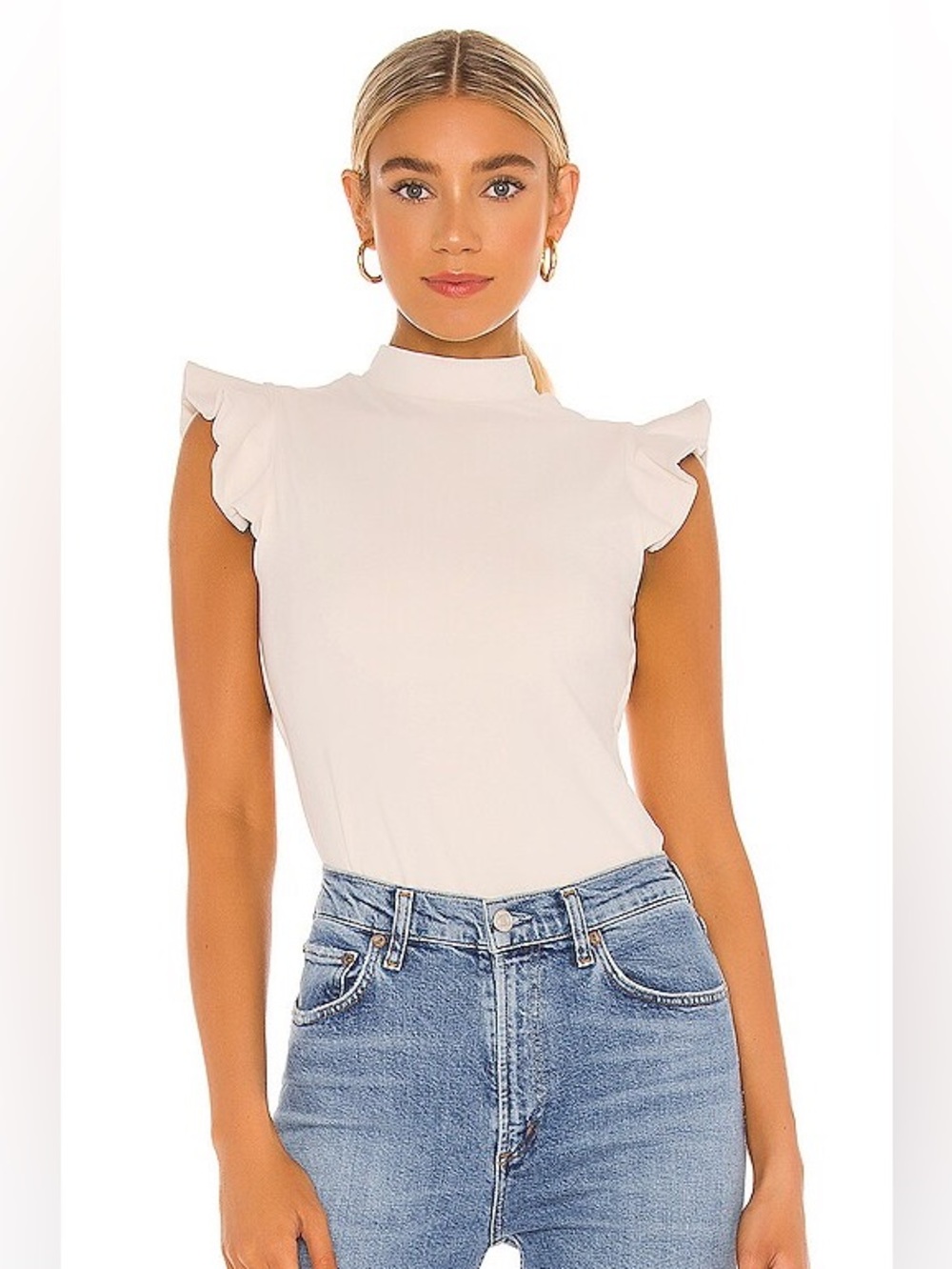 Ruffle Mock Neck Top in Blanched Almond